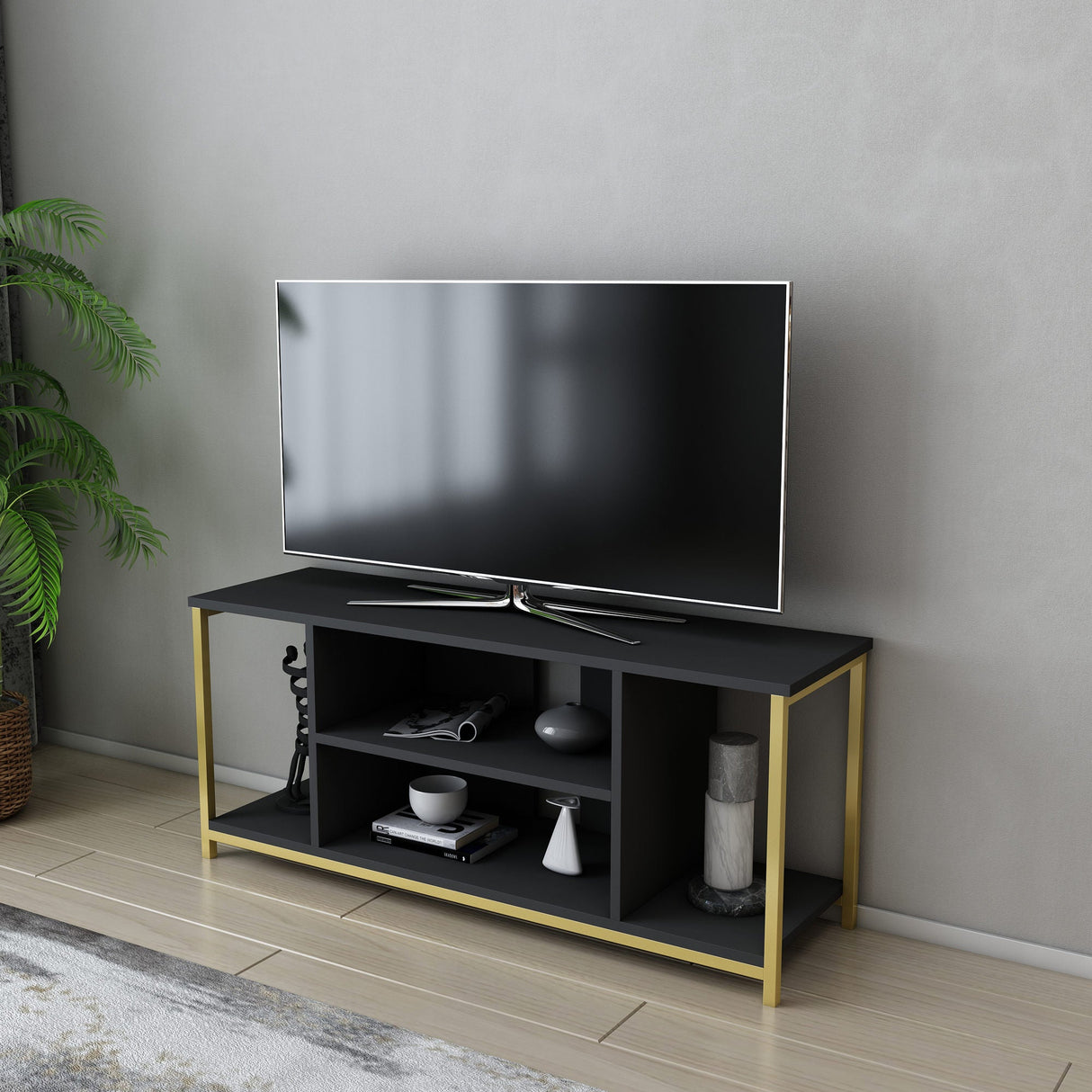 Comodă TV Rinaldo, Diverse culori, 120x35x51 cm - Antracit - Auriu | SKU: 322RTC2224 | Comodă TV Rinaldo, 120x35x51 cm, varianta Antracit - Auriu, produs pentru amenajarea locuinței, disponibil online în România la CasaMob