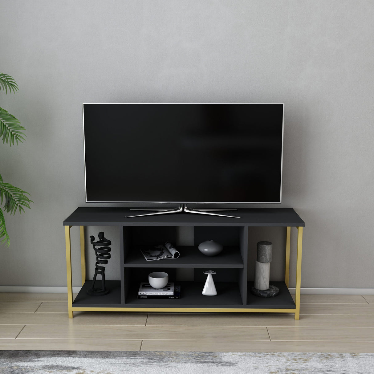 Comodă TV Rinaldo, Diverse culori, 120x35x51 cm - Antracit - Auriu | SKU: 322RTC2224 | Comodă TV Rinaldo, 120x35x51 cm, varianta Antracit - Auriu, produs pentru amenajarea locuinței, disponibil online în România la CasaMob