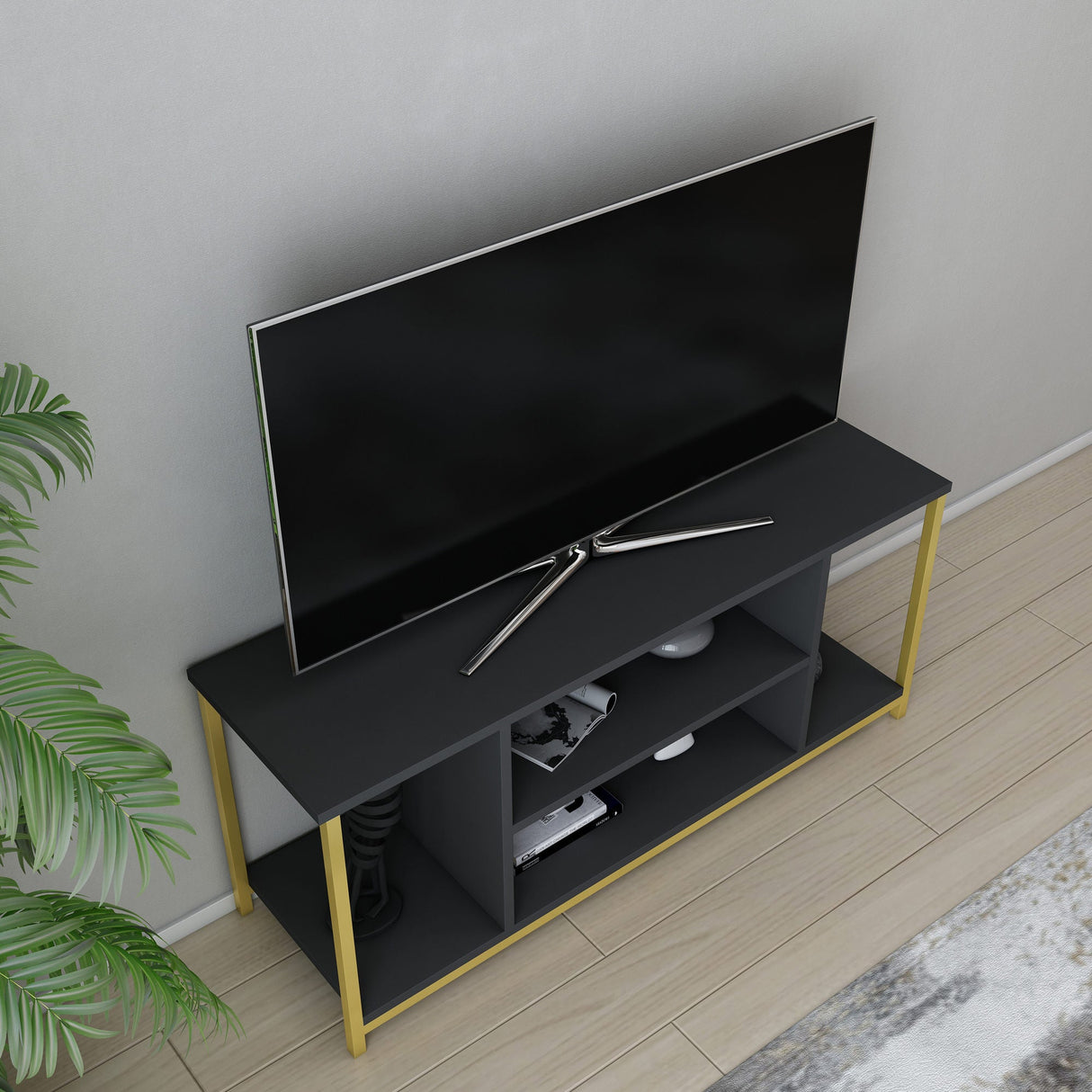 Comodă TV Rinaldo, Diverse culori, 120x35x51 cm - Antracit - Auriu | SKU: 322RTC2224 | Comodă TV Rinaldo, 120x35x51 cm, varianta Antracit - Auriu, produs pentru amenajarea locuinței, disponibil online în România la CasaMob