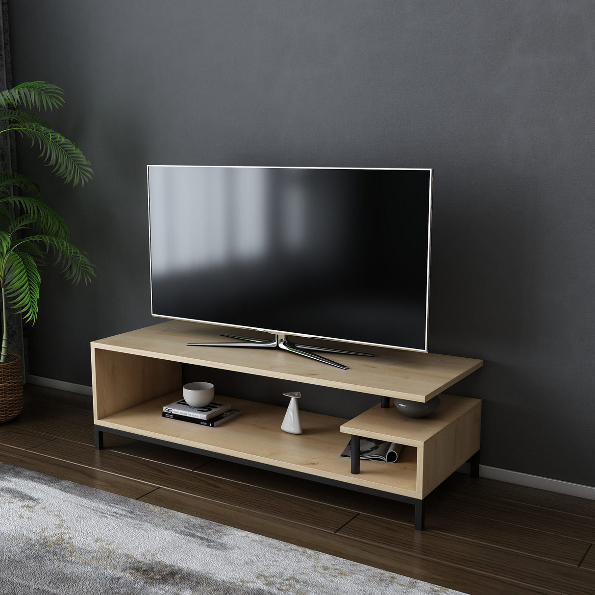 Comodă TV Reilly, Diverse culori, 120x45x38 cm - Negru - Stejar | SKU: 322RTC2227 | Comodă TV Reilly, 120x45x38 cm, varianta Negru - Stejar, produs pentru amenajarea locuinței, disponibil online în România la CasaMob