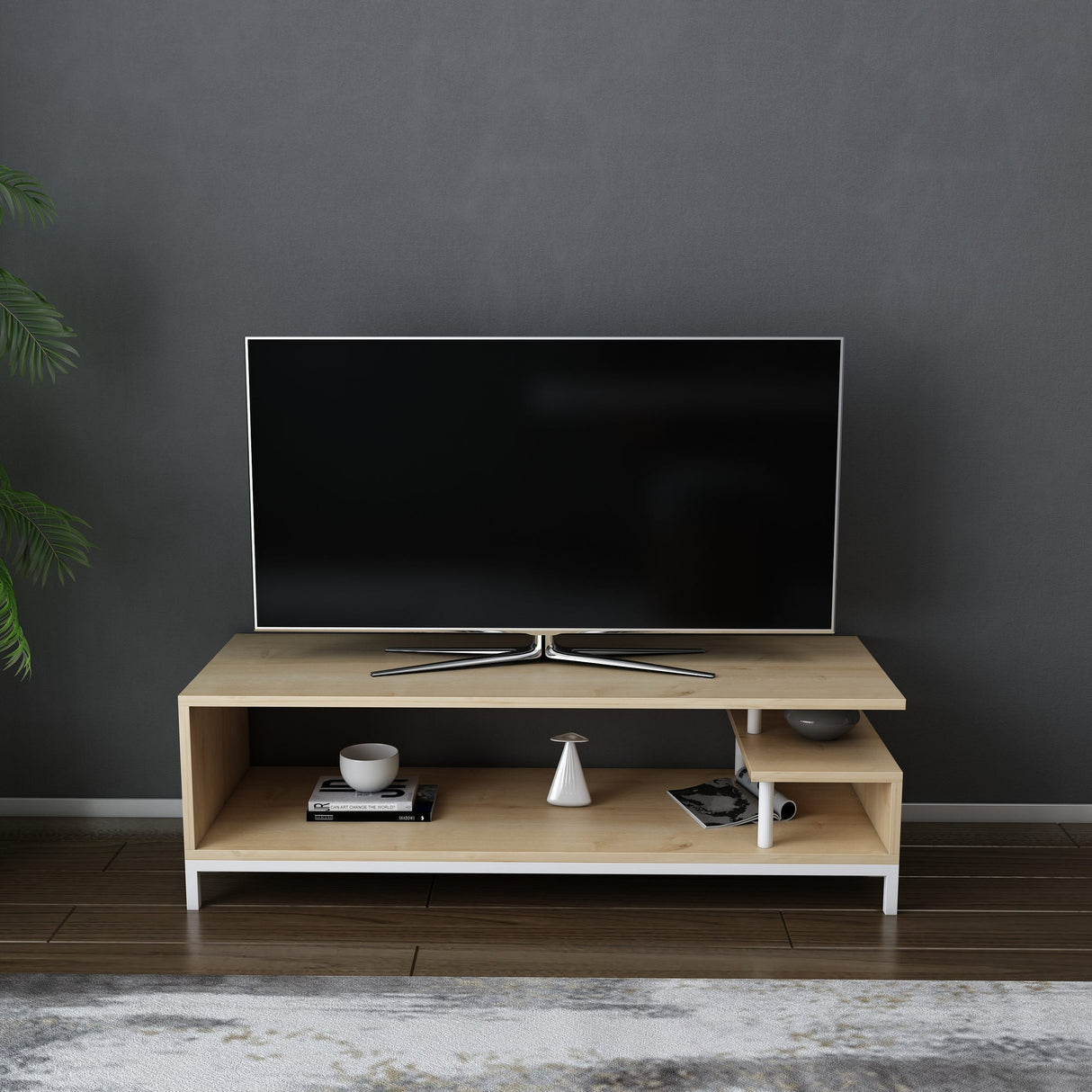 Comodă TV Reilly, Diverse culori, 120x45x38 cm - Alb - Stejar | SKU: 322RTC2231 | Comodă TV Reilly, 120x45x38 cm, varianta Alb - Stejar, produs pentru amenajarea locuinței, disponibil online în România la CasaMob
