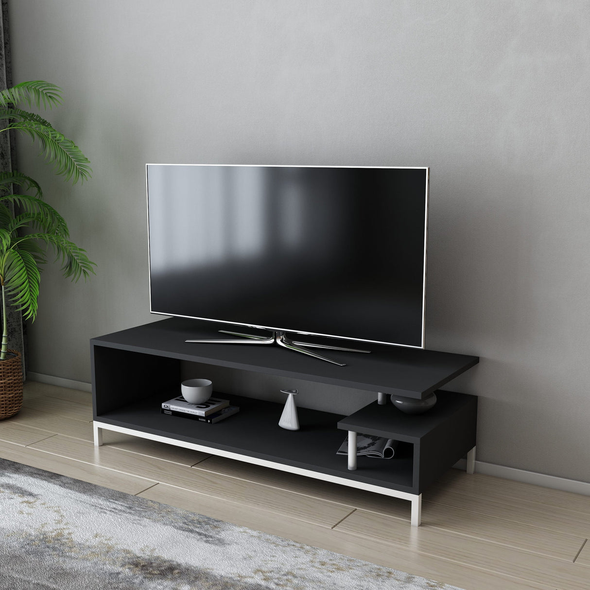 Comodă TV Reilly, Diverse culori, 120x45x38 cm - Alb - Antracit | SKU: 322RTC2232 | Comodă TV Reilly, 120x45x38 cm, varianta Alb - Antracit, produs pentru amenajarea locuinței, disponibil online în România la CasaMob