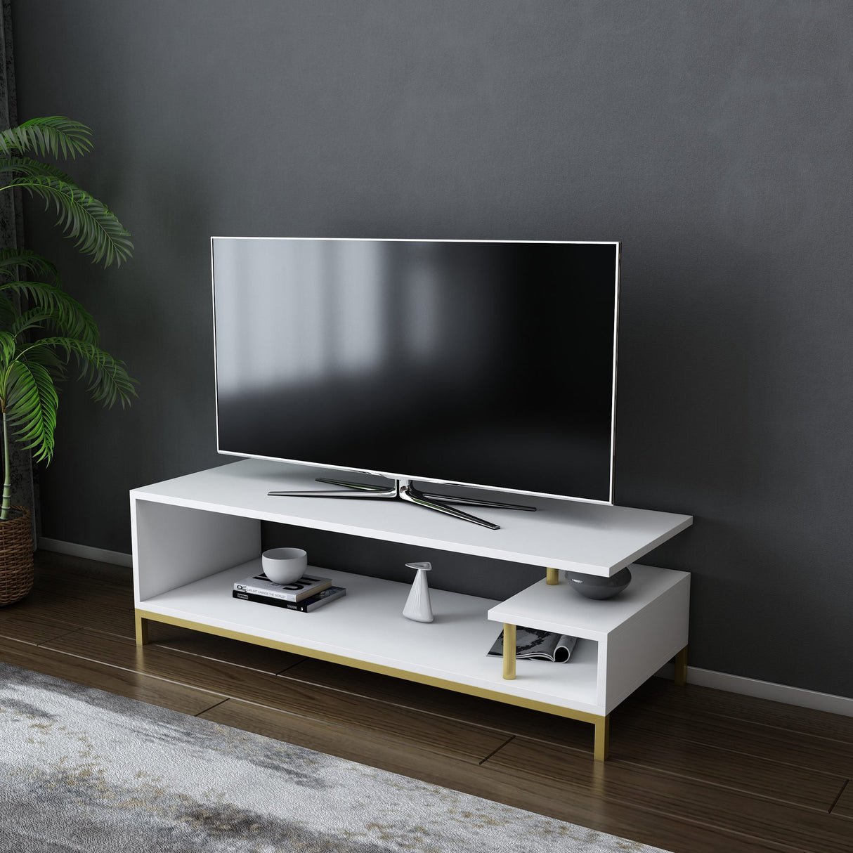 Comodă TV Reilly, Diverse culori, 120x45x38 cm - Auriu - Alb | SKU: 322RTC2234 | Comodă TV Reilly, 120x45x38 cm, varianta Auriu - Alb, produs pentru amenajarea locuinței, disponibil online în România la CasaMob