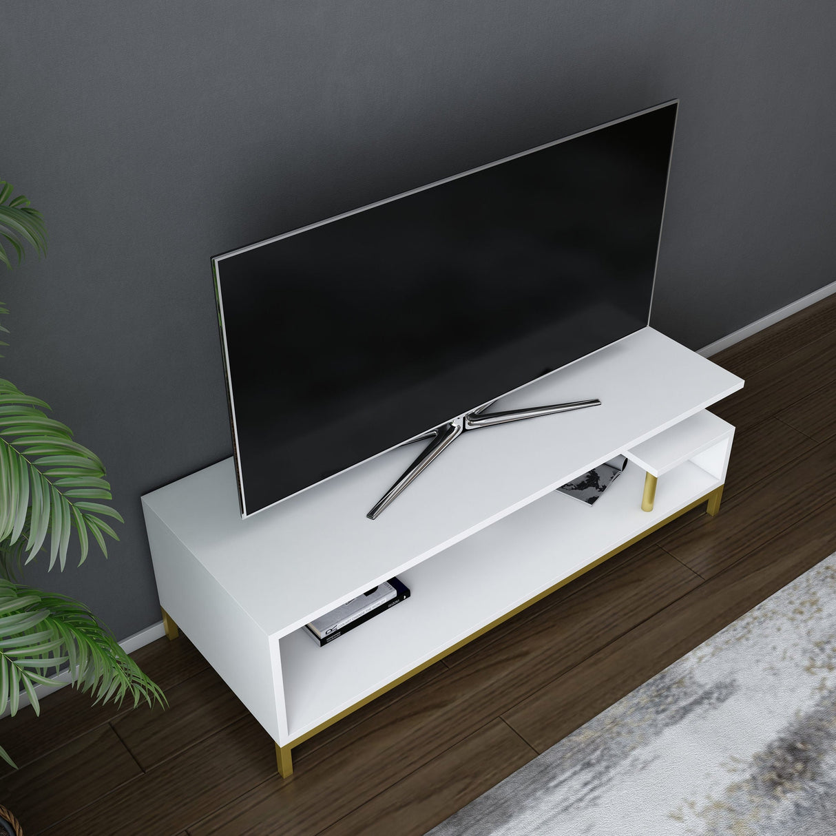 Comodă TV Reilly, Diverse culori, 120x45x38 cm - Auriu - Alb | SKU: 322RTC2234 | Comodă TV Reilly, 120x45x38 cm, varianta Auriu - Alb, produs pentru amenajarea locuinței, disponibil online în România la CasaMob