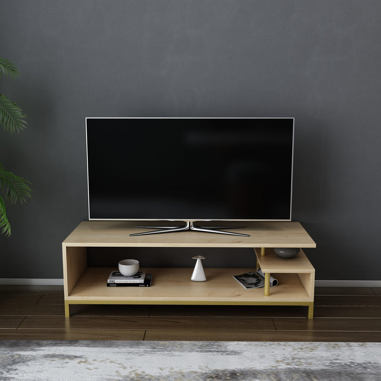 Comodă TV Reilly, Diverse culori, 120x45x38 cm - Auriu - Stejar | SKU: 322RTC2235 | Comodă TV Reilly, 120x45x38 cm, varianta Auriu - Stejar, produs pentru amenajarea locuinței, disponibil online în România la CasaMob