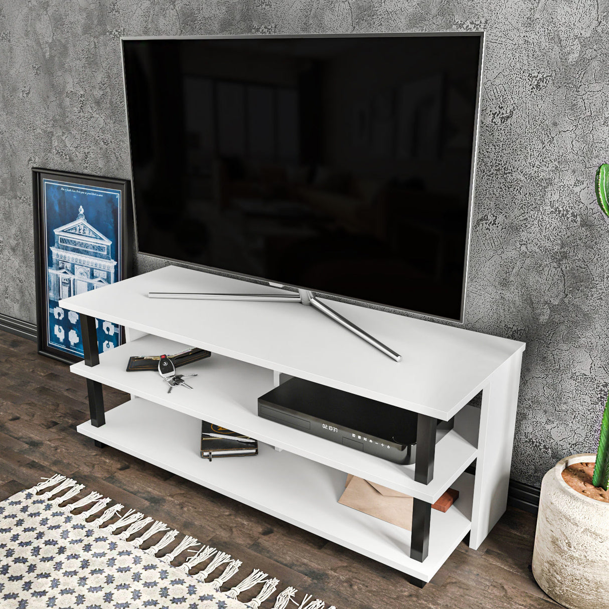 Comodă TV Pueblo, Diverse culori, 120x45x47 cm - Negru - Alb | SKU: 322RTC2238 | Comodă TV Pueblo, 120x45x47 cm, varianta Negru - Alb, produs pentru amenajarea locuinței, disponibil online în România la CasaMob