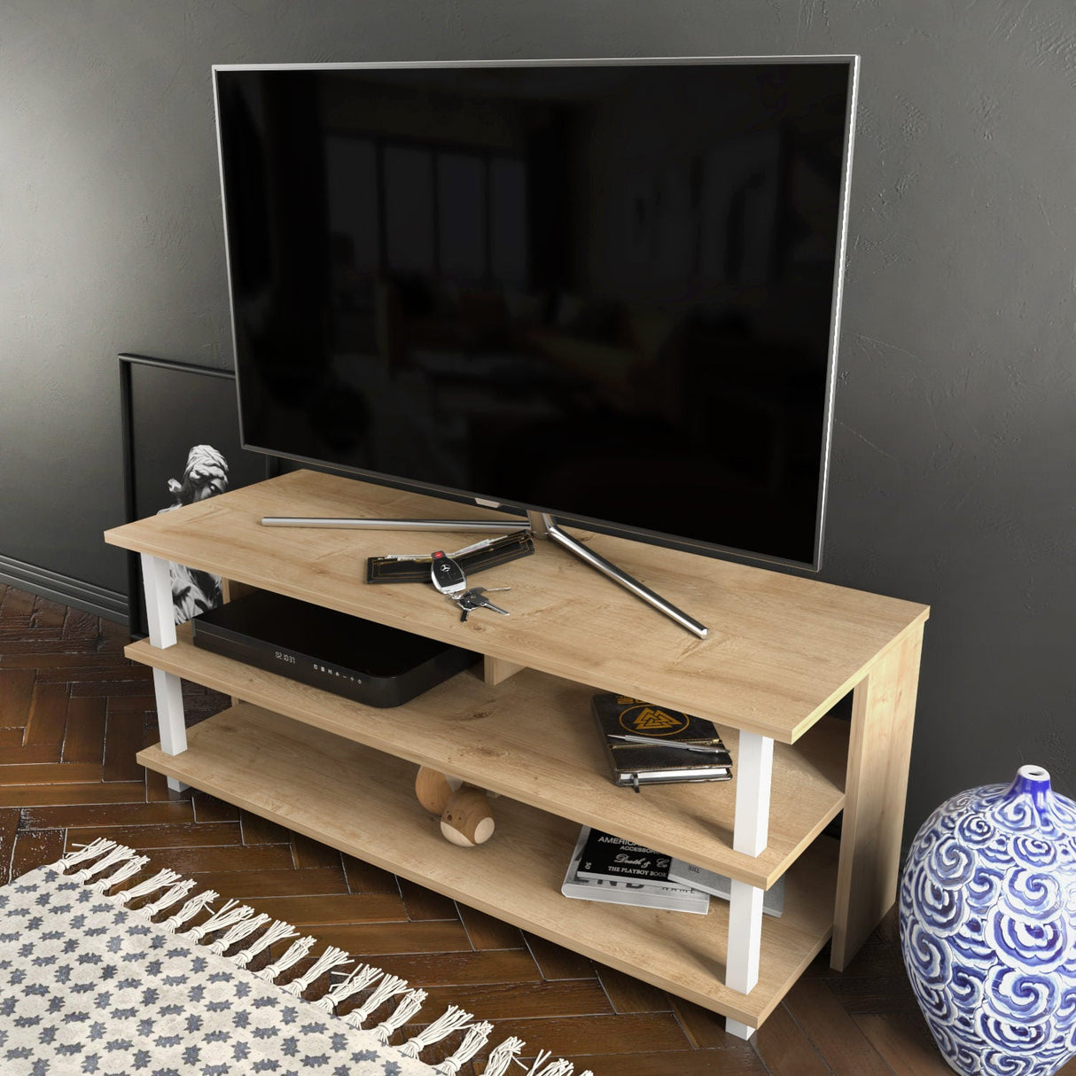 Comodă TV Pueblo, Diverse culori, 120x45x47 cm - Alb - Stejar | SKU: 322RTC2243 | Comodă TV Pueblo, 120x45x47 cm, varianta Alb - Stejar, produs pentru amenajarea locuinței, disponibil online în România la CasaMob