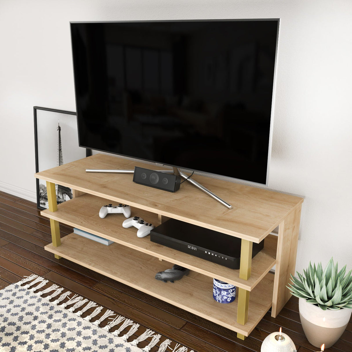 Comodă TV Pueblo, Diverse culori, 120x45x47 cm - Auriu - Stejar | SKU: 322RTC2247 | Comodă TV Pueblo, 120x45x47 cm, varianta Auriu - Stejar, produs pentru amenajarea locuinței, disponibil online în România la CasaMob