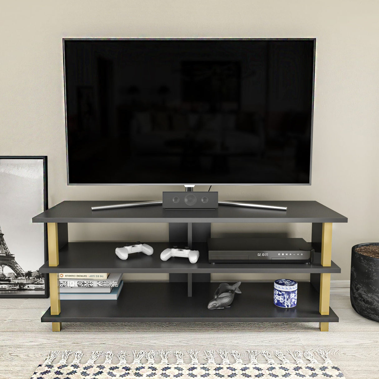 Comodă TV Pueblo, Diverse culori, 120x45x47 cm - Auriu - Antracit | SKU: 322RTC2248 | Comodă TV Pueblo, 120x45x47 cm, varianta Auriu - Antracit, produs pentru amenajarea locuinței, disponibil online în România la CasaMob