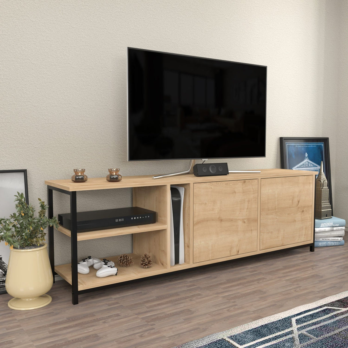 Comodă TV Primrose, Diverse culori, 160x35x51 cm - Negru - Stejar | SKU: 322RTC2251 | Comodă TV Primrose, 160x35x51 cm, varianta Negru - Stejar, produs pentru amenajarea locuinței, disponibil online în România la CasaMob