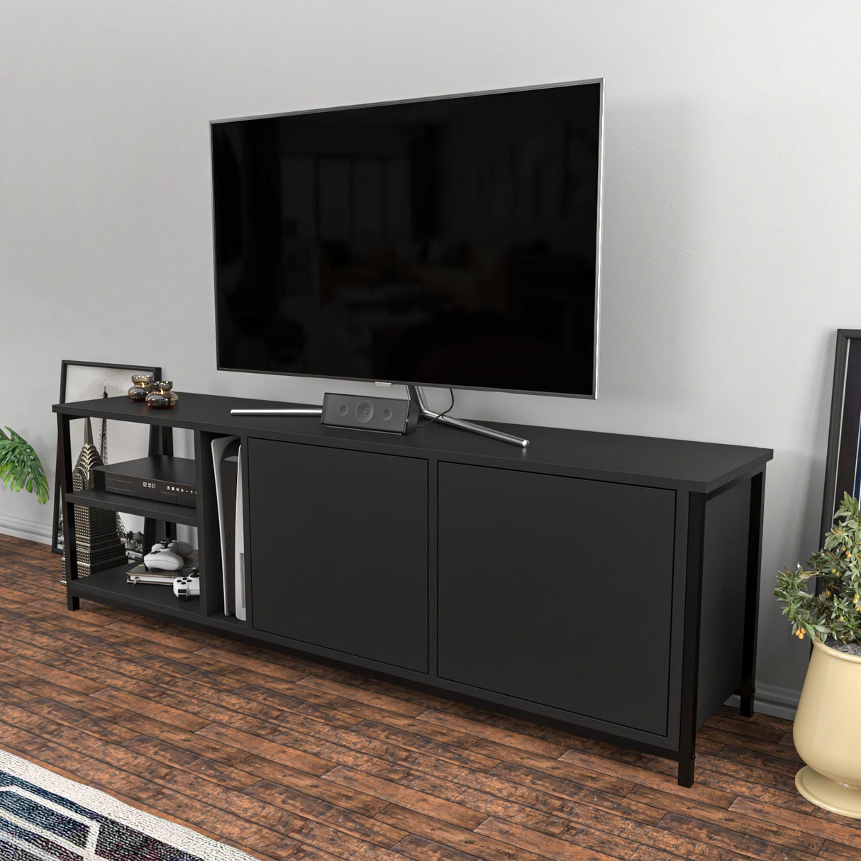 Comodă TV Primrose, Diverse culori, 160x35x51 cm - Negru - Antracit | SKU: 322RTC2252 | Comodă TV Primrose, 160x35x51 cm, varianta Negru - Antracit, produs pentru amenajarea locuinței, disponibil online în România la CasaMob