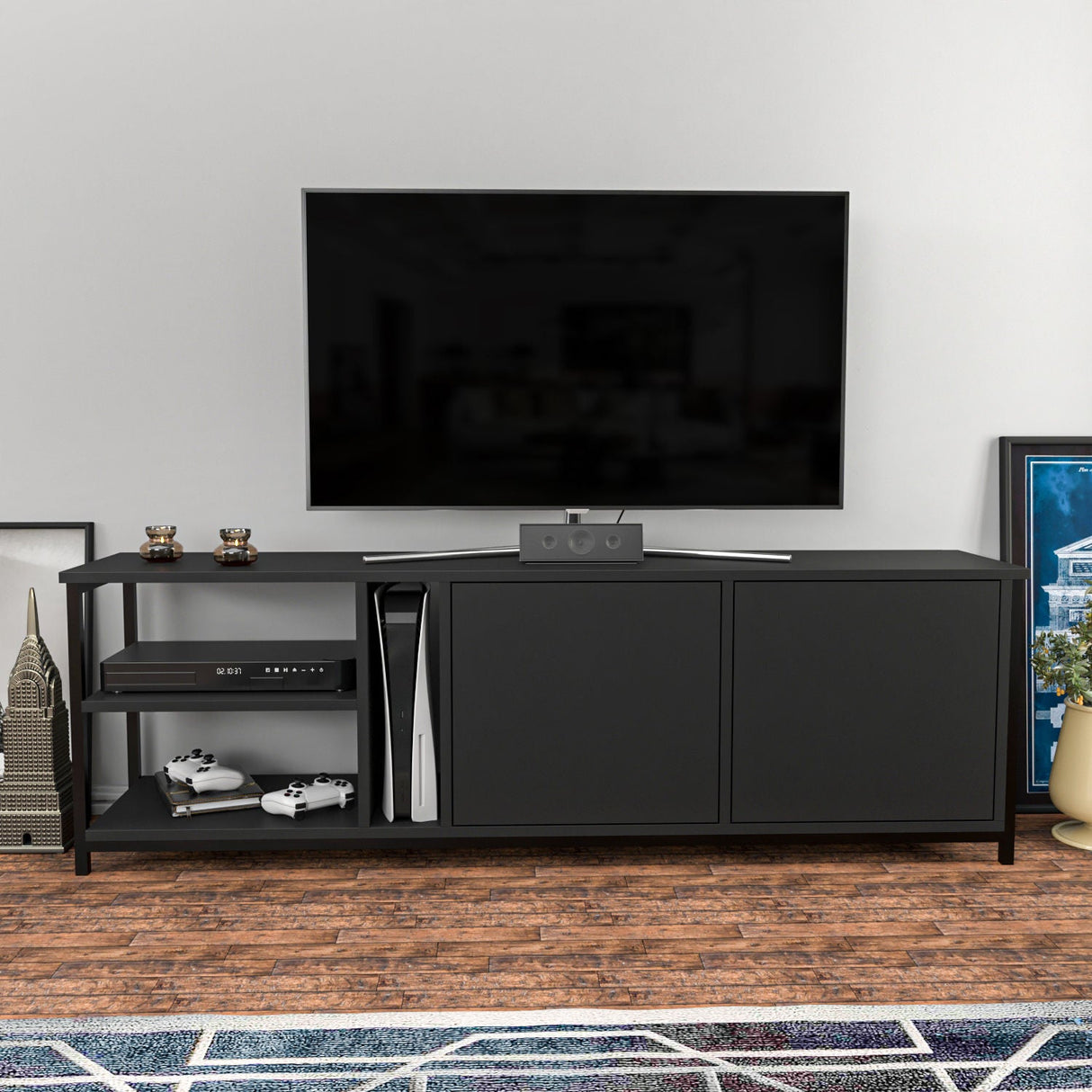 Comodă TV Primrose, Diverse culori, 160x35x51 cm - Negru - Antracit | SKU: 322RTC2252 | Comodă TV Primrose, 160x35x51 cm, varianta Negru - Antracit, produs pentru amenajarea locuinței, disponibil online în România la CasaMob