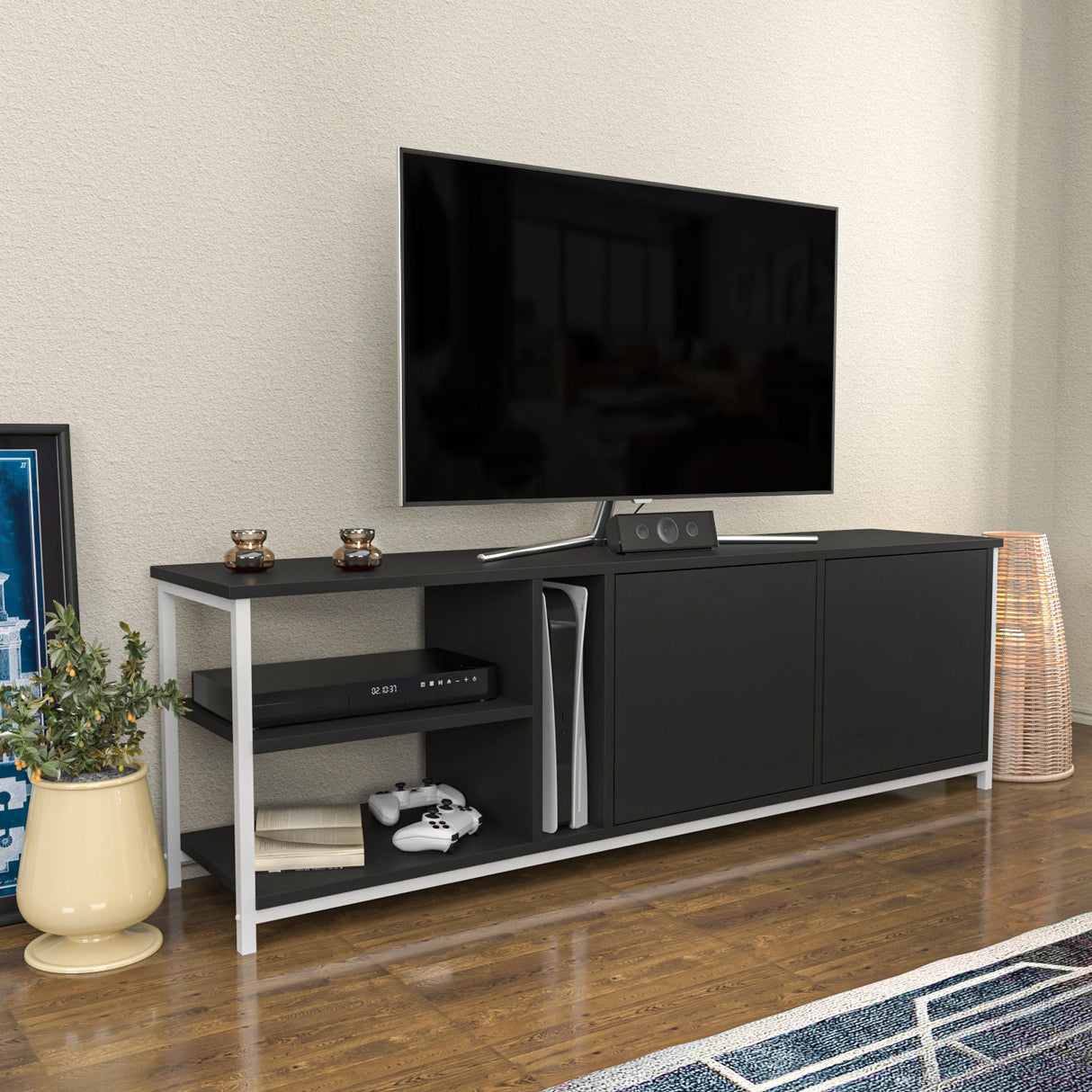 Comodă TV Primrose, Diverse culori, 160x35x51 cm - Alb - Antracit | SKU: 322RTC2256 | Comodă TV Primrose, 160x35x51 cm, varianta Alb - Antracit, produs pentru amenajarea locuinței, disponibil online în România la CasaMob