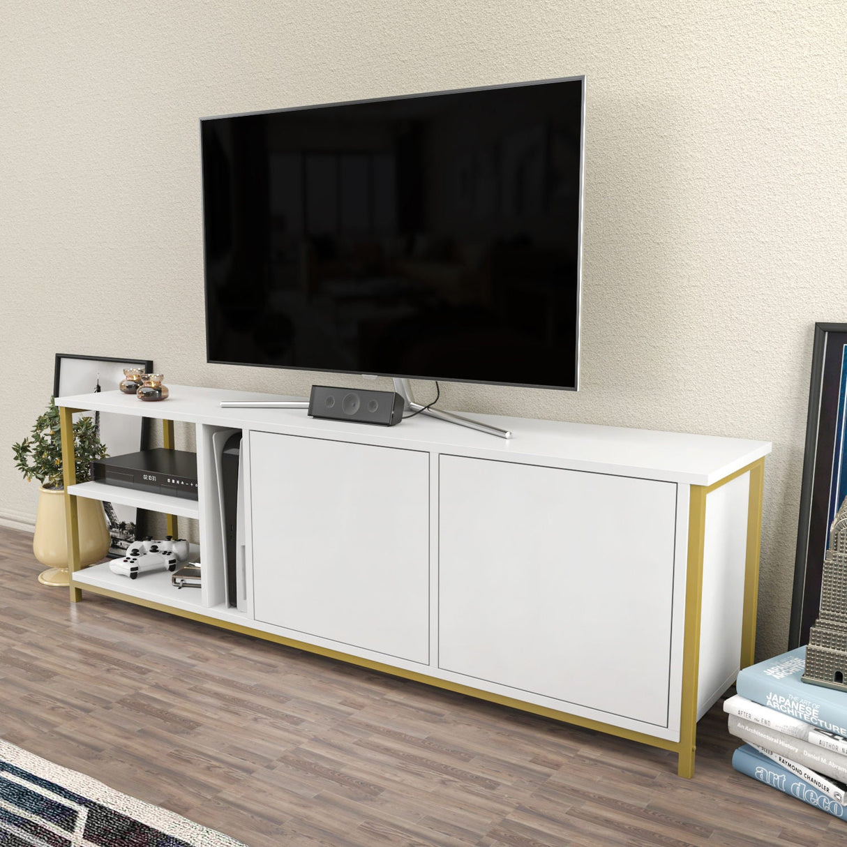 Comodă TV Primrose, Diverse culori, 160x35x51 cm - Alb - Auriu | SKU: 322RTC2258 | Comodă TV Primrose, 160x35x51 cm, varianta Alb - Auriu, produs pentru amenajarea locuinței, disponibil online în România la CasaMob
