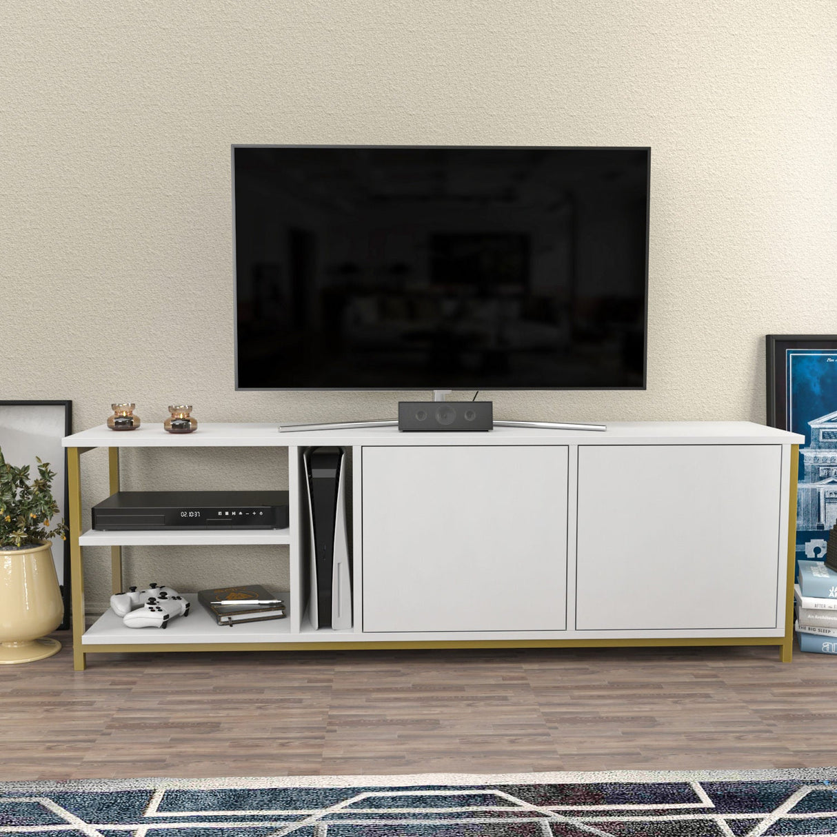 Comodă TV Primrose, Diverse culori, 160x35x51 cm - Alb - Auriu | SKU: 322RTC2258 | Comodă TV Primrose, 160x35x51 cm, varianta Alb - Auriu, produs pentru amenajarea locuinței, disponibil online în România la CasaMob