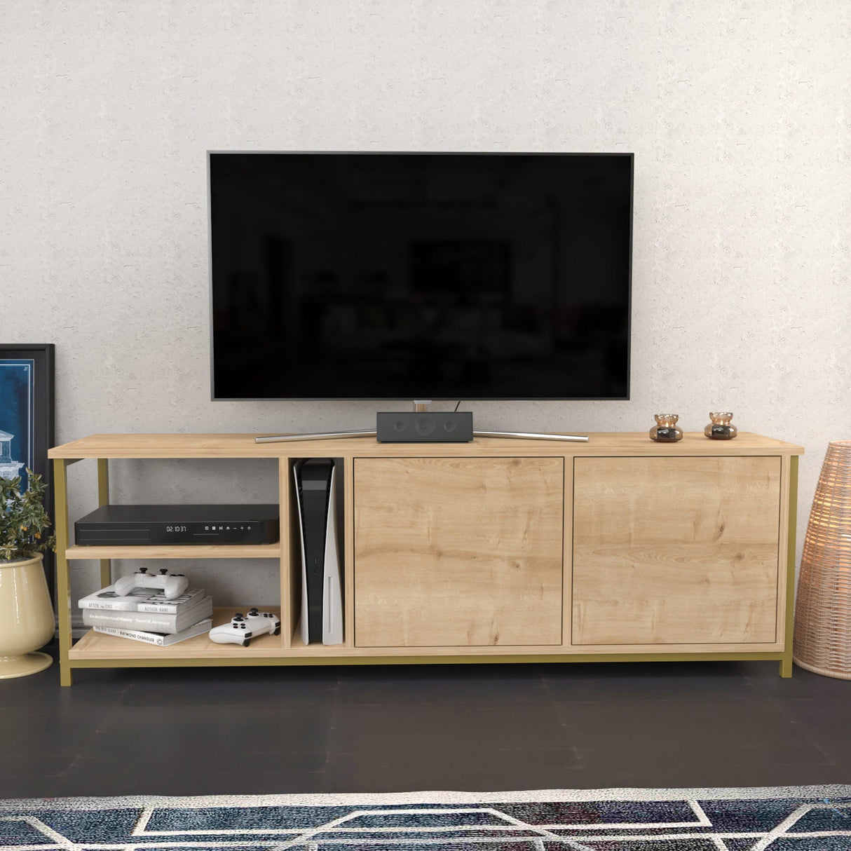 Comodă TV Primrose, Diverse culori, 160x35x51 cm - Stejar - Auriu | SKU: 322RTC2259 | Comodă TV Primrose, 160x35x51 cm, varianta Stejar - Auriu, produs pentru amenajarea locuinței, disponibil online în România la CasaMob