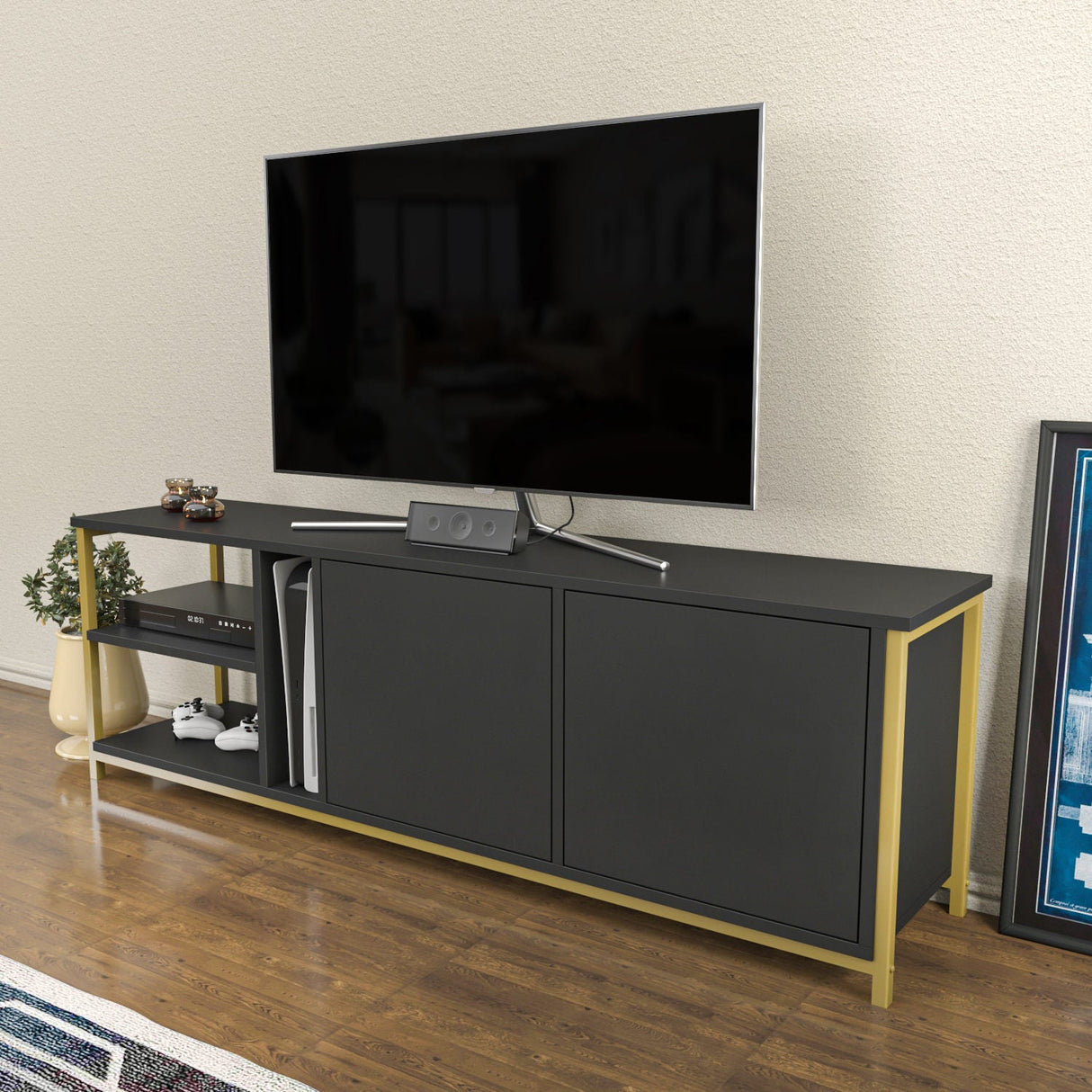 Comodă TV Primrose, Diverse culori, 160x35x51 cm - Antracit - Auriu | SKU: 322RTC2260 | Comodă TV Primrose, 160x35x51 cm, varianta Antracit - Auriu, produs pentru amenajarea locuinței, disponibil online în România la CasaMob