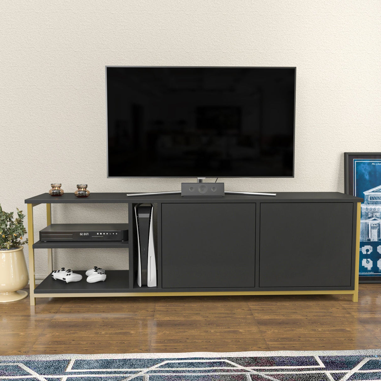 Comodă TV Primrose, Diverse culori, 160x35x51 cm - Antracit - Auriu | SKU: 322RTC2260 | Comodă TV Primrose, 160x35x51 cm, varianta Antracit - Auriu, produs pentru amenajarea locuinței, disponibil online în România la CasaMob