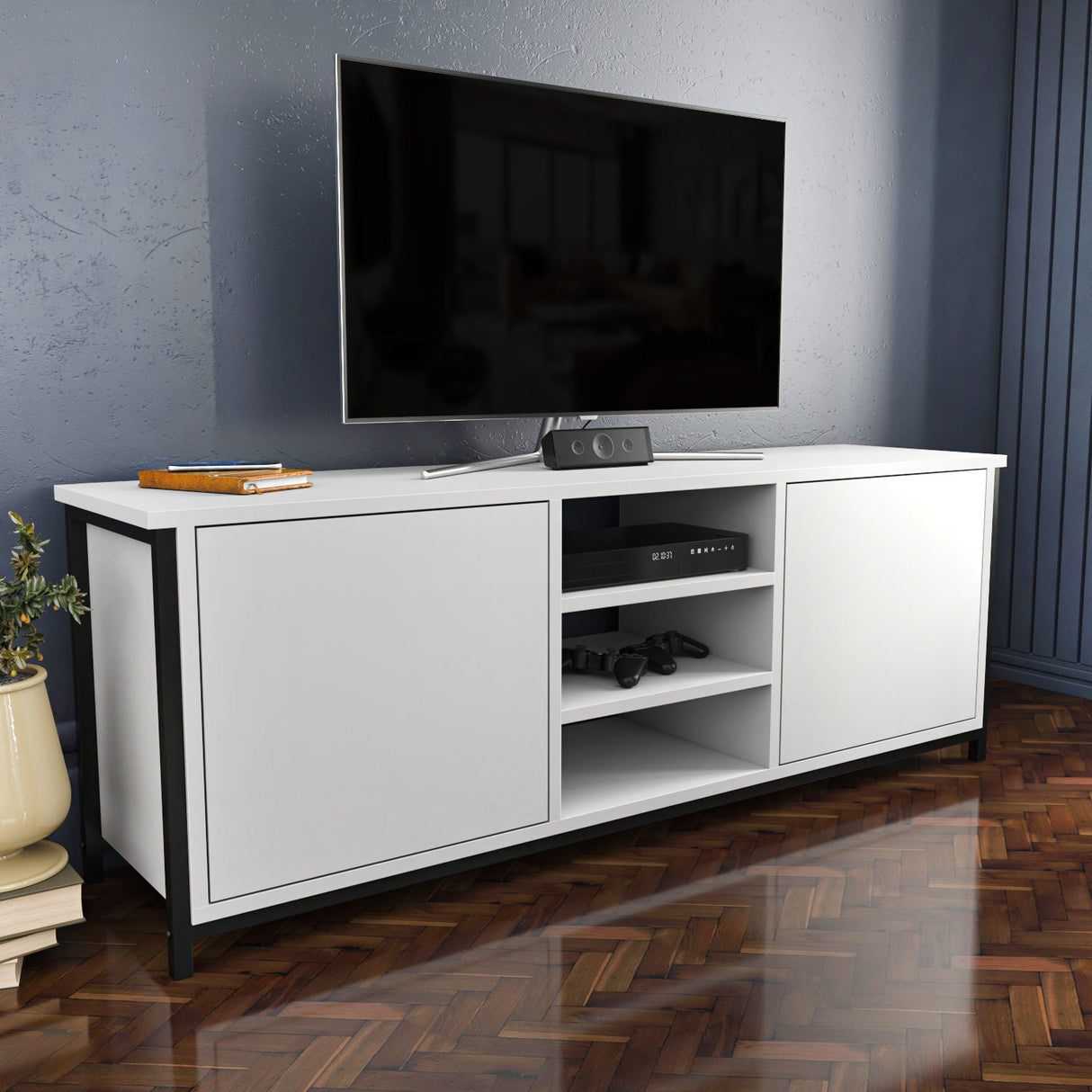 Comodă TV Otis, Diverse culori, 140x35x51 cm - Negru - Alb | SKU: 322RTC2262 | Comodă TV Otis, 140x35x51 cm, varianta Negru - Alb, produs pentru amenajarea locuinței, disponibil online în România la CasaMob