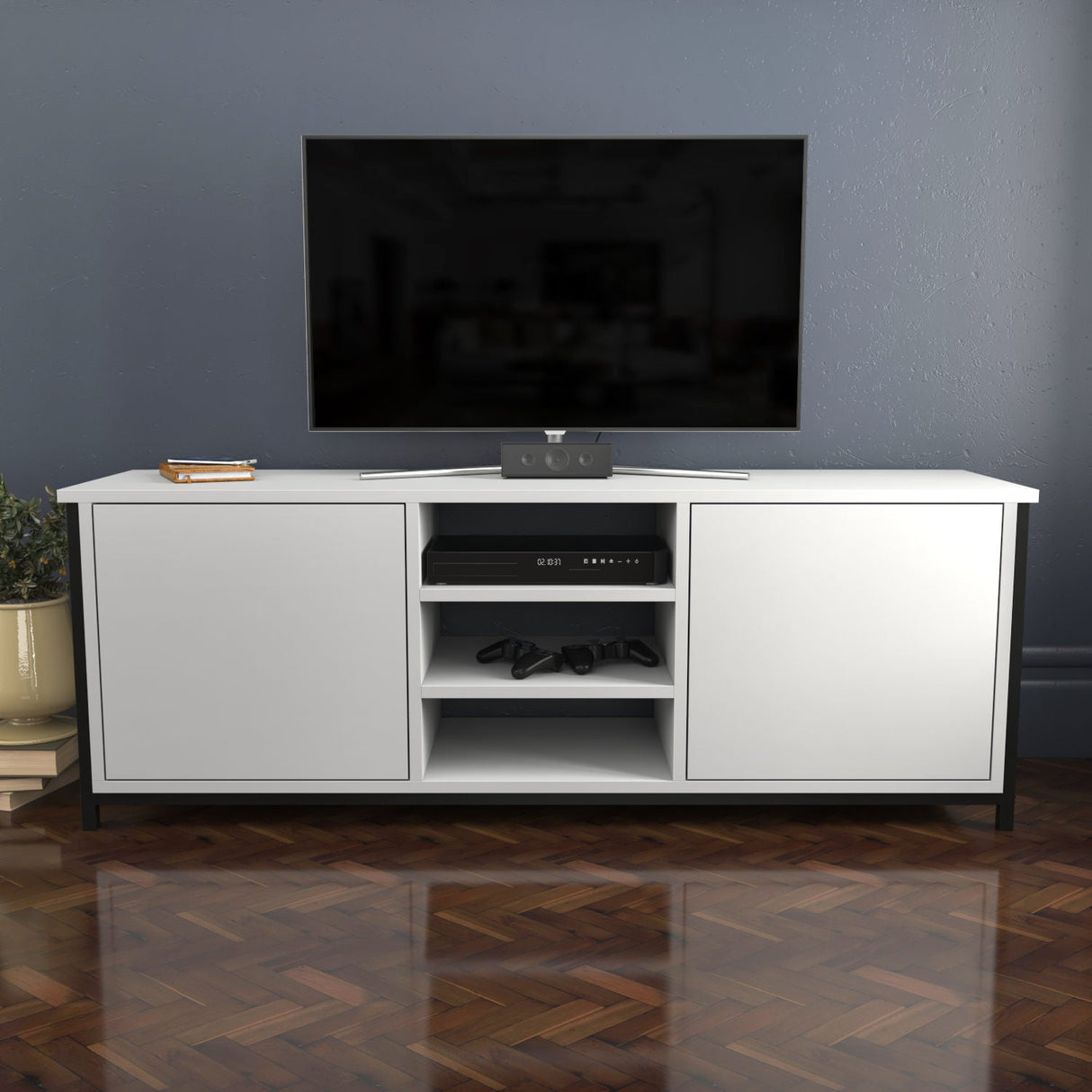 Comodă TV Otis, Diverse culori, 140x35x51 cm - Negru - Alb | SKU: 322RTC2262 | Comodă TV Otis, 140x35x51 cm, varianta Negru - Alb, produs pentru amenajarea locuinței, disponibil online în România la CasaMob