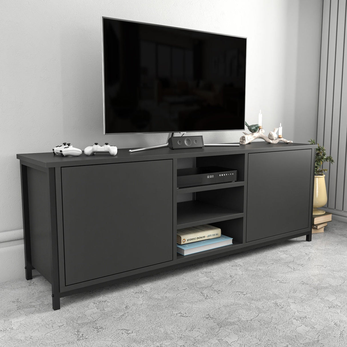Comodă TV Otis, Diverse culori, 140x35x51 cm - Negru - Antracit | SKU: 322RTC2264 | Comodă TV Otis, 140x35x51 cm, varianta Negru - Antracit, produs pentru amenajarea locuinței, disponibil online în România la CasaMob