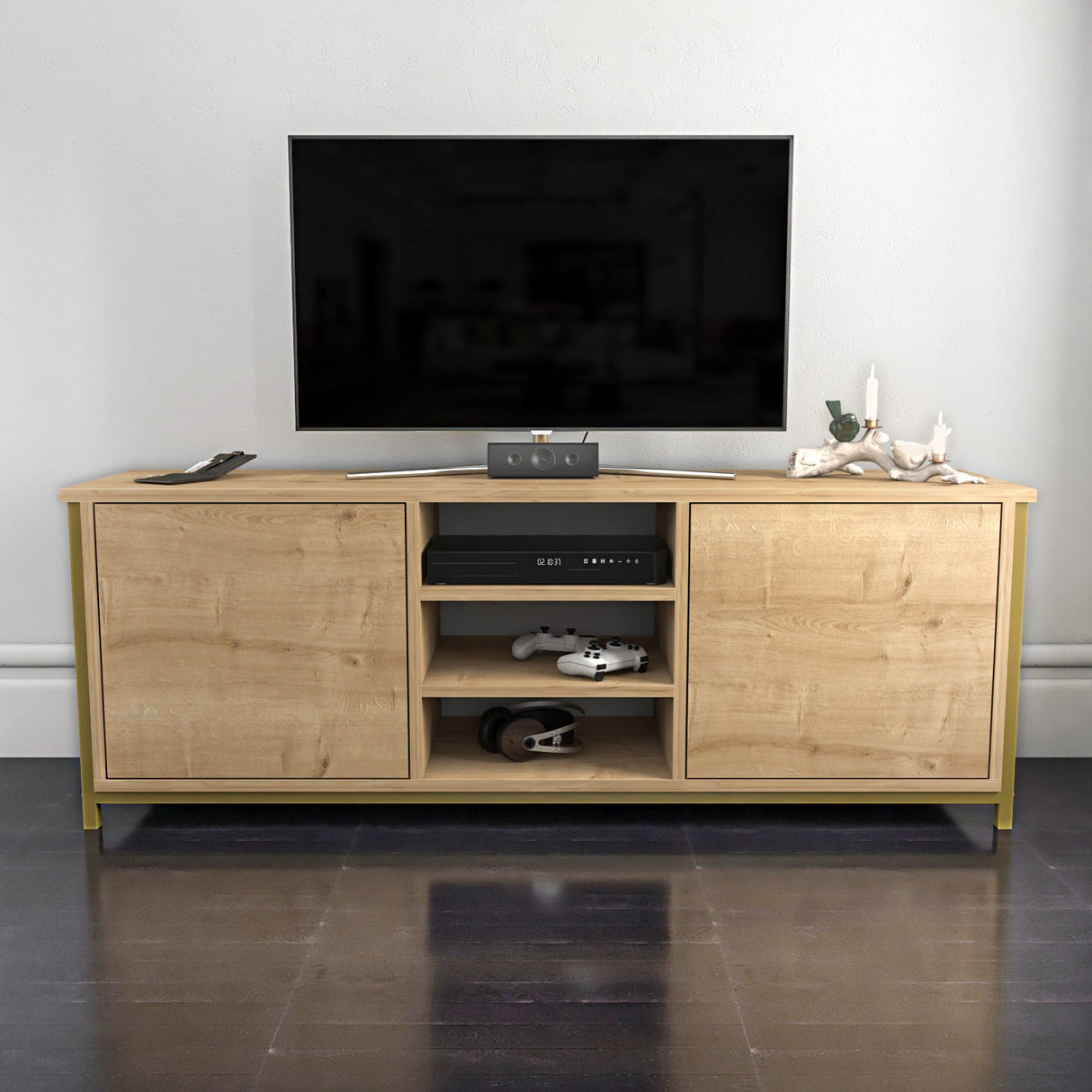 Comodă TV Otis, Diverse culori, 140x35x51 cm - Auriu - Stejar | SKU: 322RTC2271 | Comodă TV Otis, 140x35x51 cm, varianta Auriu - Stejar, produs pentru amenajarea locuinței, disponibil online în România la CasaMob