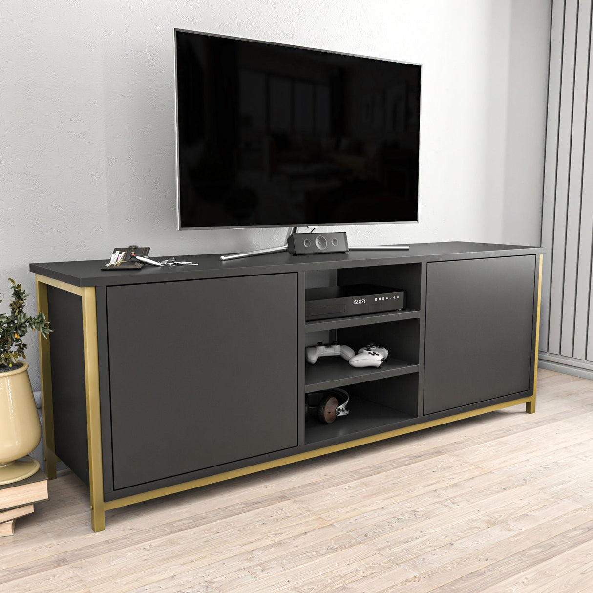 Comodă TV Otis, Diverse culori, 140x35x51 cm - Auriu - Antracit | SKU: 322RTC2272 | Comodă TV Otis, 140x35x51 cm, varianta Auriu - Antracit, produs pentru amenajarea locuinței, disponibil online în România la CasaMob