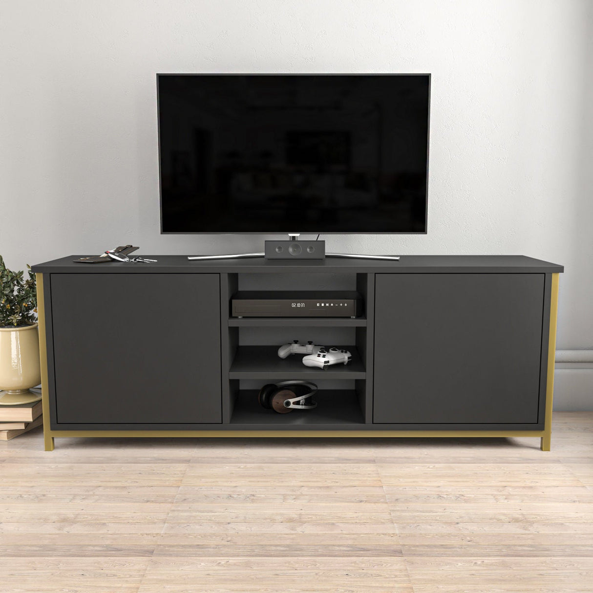 Comodă TV Otis, Diverse culori, 140x35x51 cm - Auriu - Antracit | SKU: 322RTC2272 | Comodă TV Otis, 140x35x51 cm, varianta Auriu - Antracit, produs pentru amenajarea locuinței, disponibil online în România la CasaMob