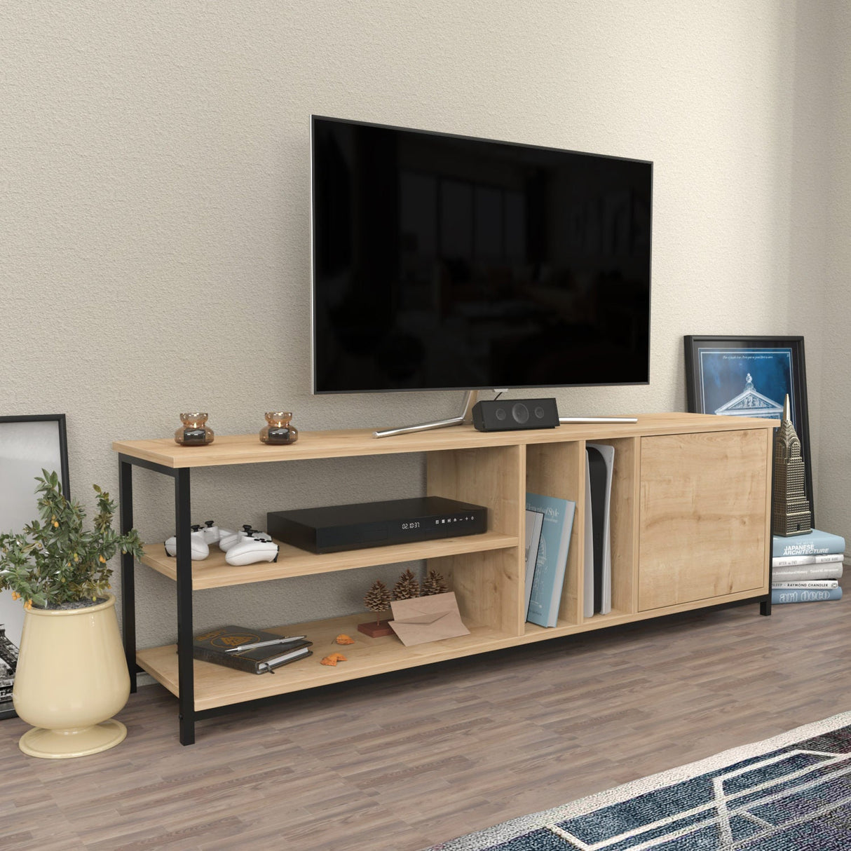 Comodă TV Oneida, Diverse culori, 140x35x51 cm - Negru - Stejar | SKU: 322RTC2275 | Comodă TV Oneida, 140x35x51 cm, varianta Negru - Stejar, produs pentru amenajarea locuinței, disponibil online în România la CasaMob