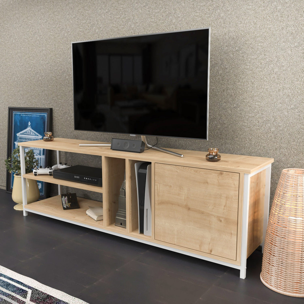 Comodă TV Oneida, Diverse culori, 140x35x51 cm - Alb - Stejar | SKU: 322RTC2279 | Comodă TV Oneida, 140x35x51 cm, varianta Alb - Stejar, produs pentru amenajarea locuinței, disponibil online în România la CasaMob