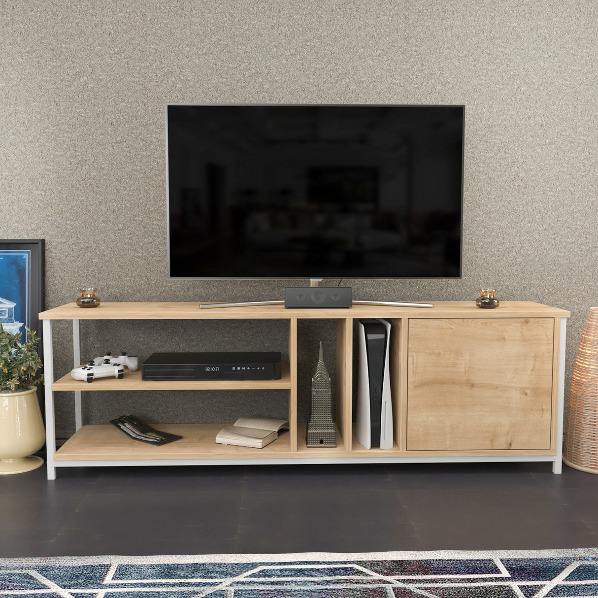 Comodă TV Oneida, Diverse culori, 140x35x51 cm - Alb - Stejar | SKU: 322RTC2279 | Comodă TV Oneida, 140x35x51 cm, varianta Alb - Stejar, produs pentru amenajarea locuinței, disponibil online în România la CasaMob