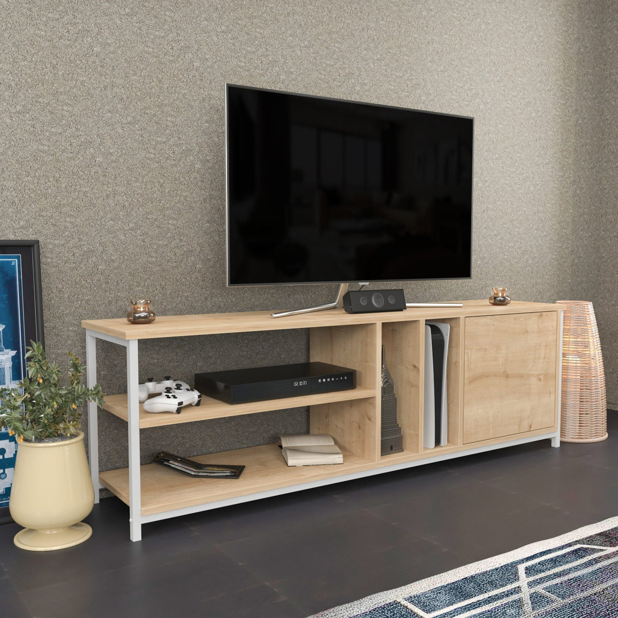Comodă TV Oneida, Diverse culori, 140x35x51 cm - Alb - Stejar | SKU: 322RTC2279 | Comodă TV Oneida, 140x35x51 cm, varianta Alb - Stejar, produs pentru amenajarea locuinței, disponibil online în România la CasaMob