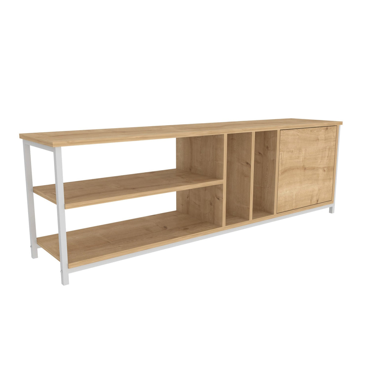 Comodă TV Oneida, Diverse culori, 140x35x51 cm - Alb - Stejar | SKU: 322RTC2279 | Comodă TV Oneida, 140x35x51 cm, varianta Alb - Stejar, produs pentru amenajarea locuinței, disponibil online în România la CasaMob