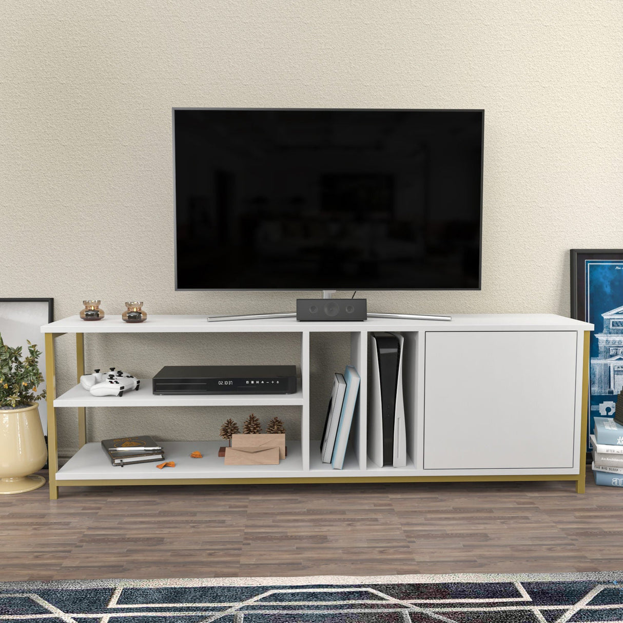 Comodă TV Oneida, Diverse culori, 140x35x51 cm - Auriu - Alb | SKU: 322RTC2282 | Comodă TV Oneida, 140x35x51 cm, varianta Auriu - Alb, produs pentru amenajarea locuinței, disponibil online în România la CasaMob