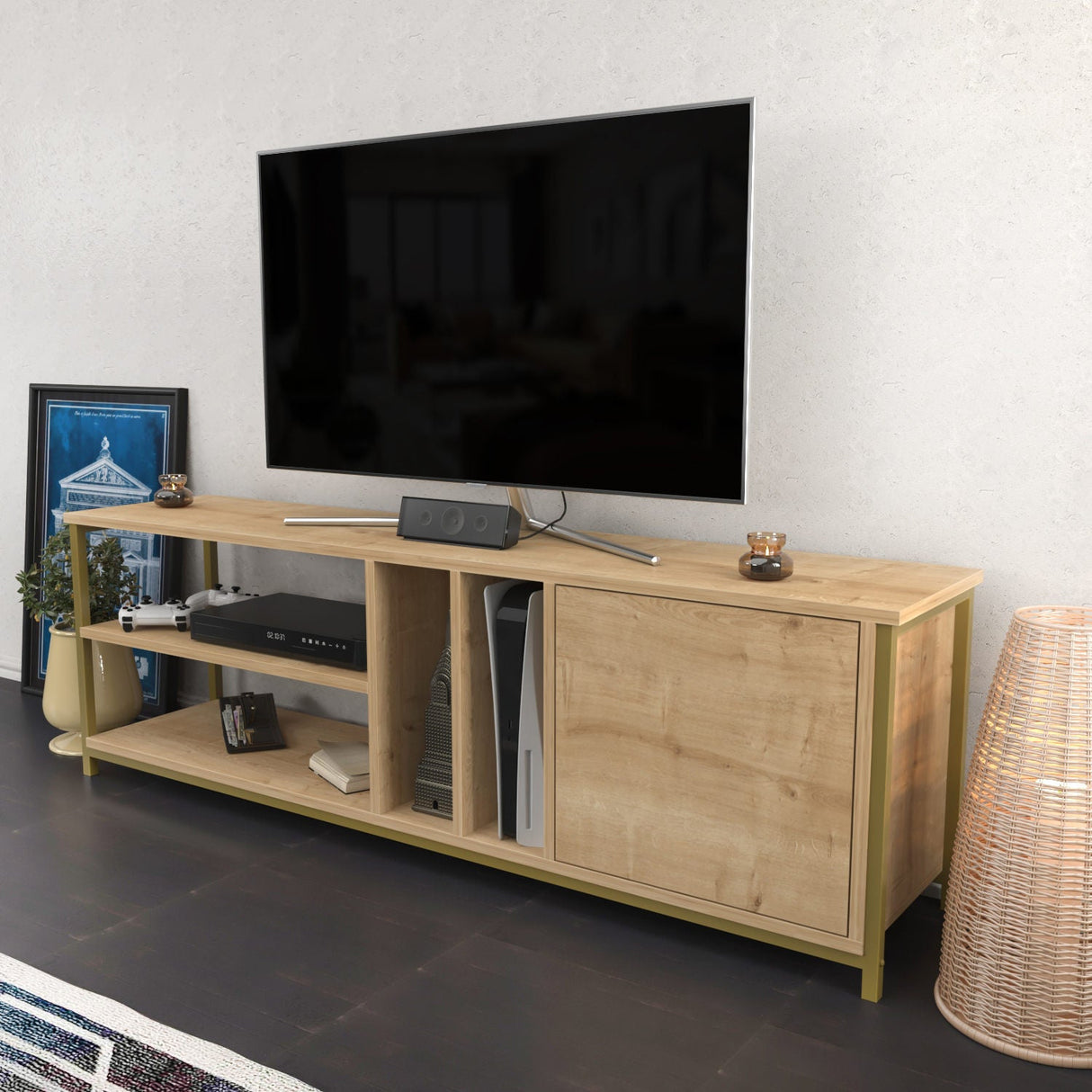Comodă TV Oneida, Diverse culori, 140x35x51 cm - Auriu - Stejar | SKU: 322RTC2283 | Comodă TV Oneida, 140x35x51 cm, varianta Auriu - Stejar, produs pentru amenajarea locuinței, disponibil online în România la CasaMob