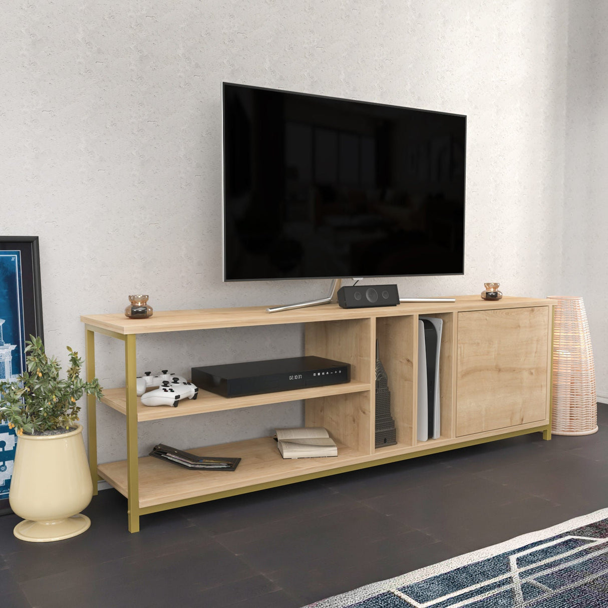Comodă TV Oneida, Diverse culori, 140x35x51 cm - Auriu - Stejar | SKU: 322RTC2283 | Comodă TV Oneida, 140x35x51 cm, varianta Auriu - Stejar, produs pentru amenajarea locuinței, disponibil online în România la CasaMob