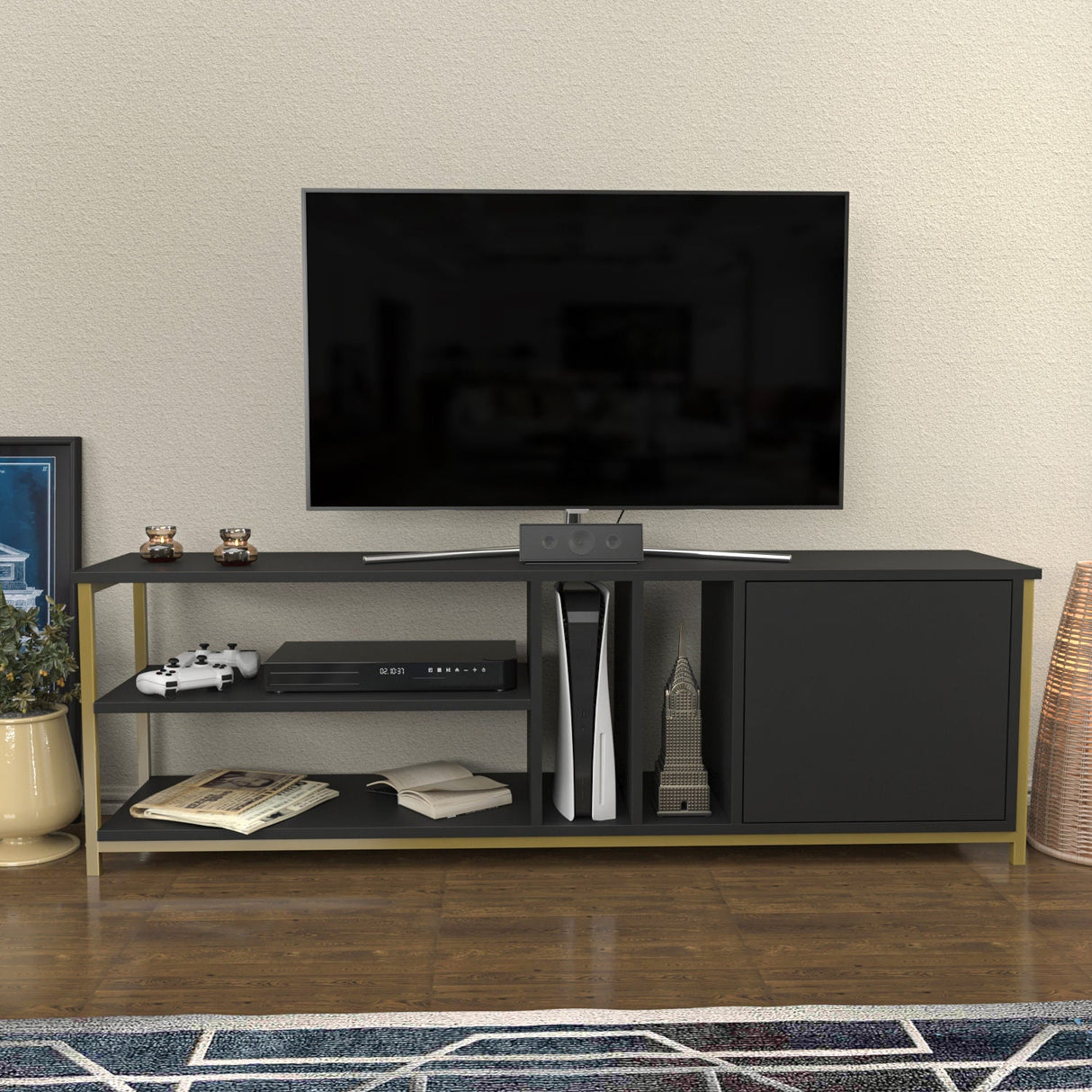 Comodă TV Oneida, Diverse culori, 140x35x51 cm - Auriu - Antracit | SKU: 322RTC2284 | Comodă TV Oneida, 140x35x51 cm, varianta Auriu - Antracit, produs pentru amenajarea locuinței, disponibil online în România la CasaMob