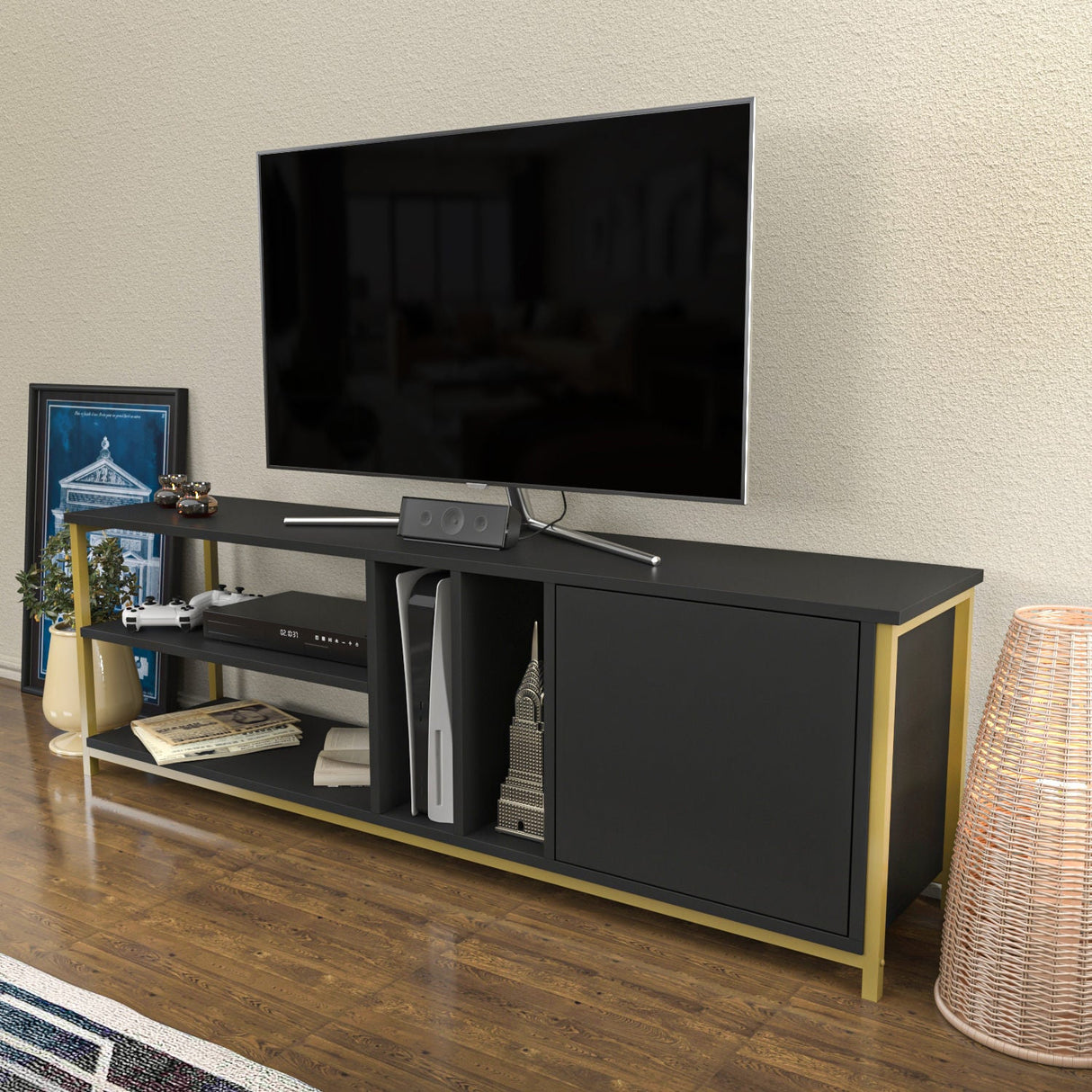 Comodă TV Oneida, Diverse culori, 140x35x51 cm - Auriu - Antracit | SKU: 322RTC2284 | Comodă TV Oneida, 140x35x51 cm, varianta Auriu - Antracit, produs pentru amenajarea locuinței, disponibil online în România la CasaMob