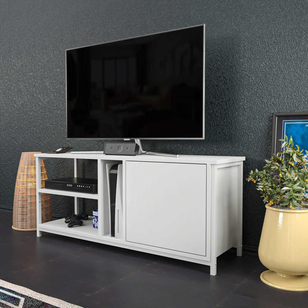 Comodă TV Neola, Diverse culori, 120x35x51 cm - Alb | SKU: 322RTC2290 | Comodă TV Neola, 120x35x51 cm, varianta Alb, produs pentru amenajarea locuinței, disponibil online în România la CasaMob