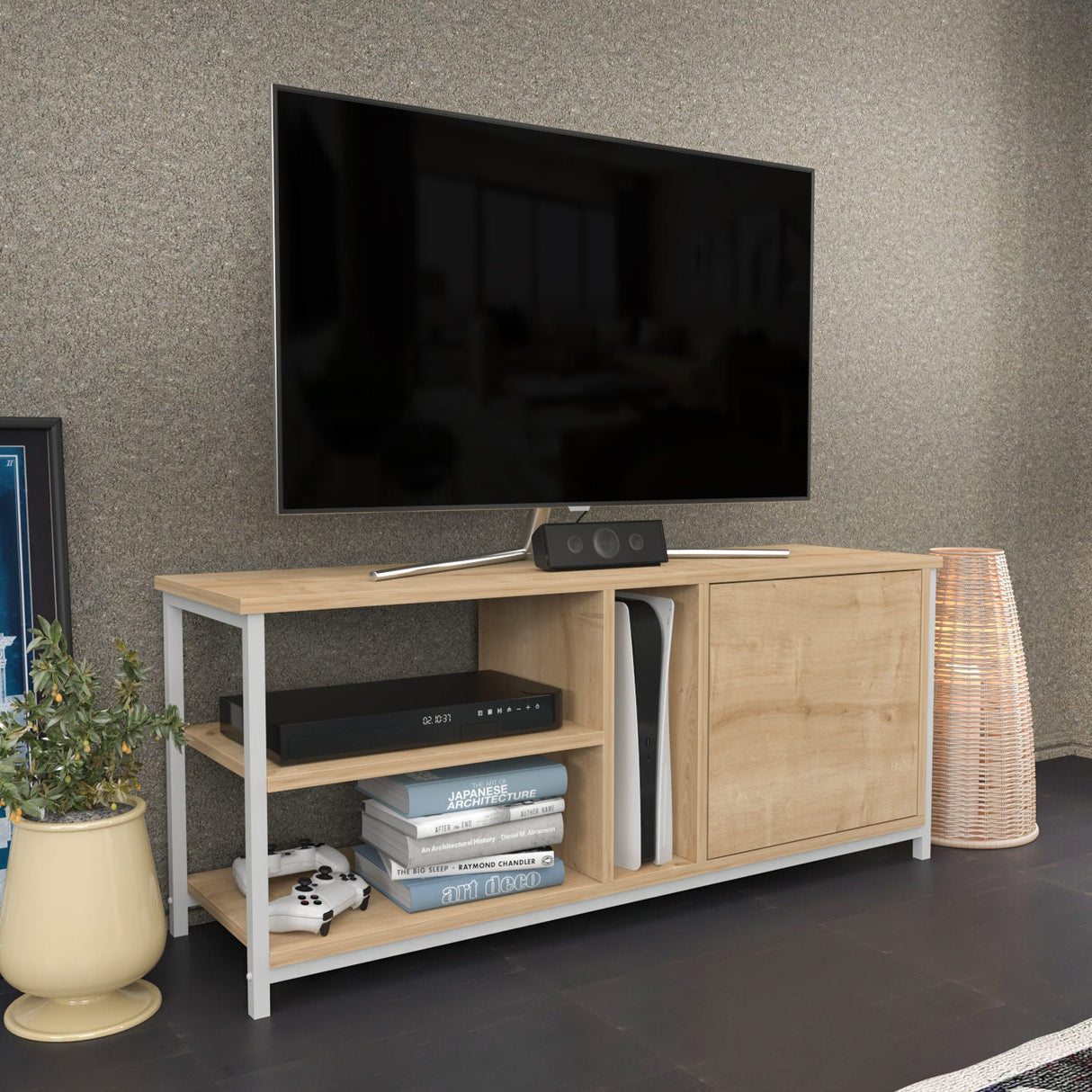 Comodă TV Neola, Diverse culori, 120x35x51 cm - Alb - Stejar | SKU: 322RTC2291 | Comodă TV Neola, 120x35x51 cm, varianta Alb - Stejar, produs pentru amenajarea locuinței, disponibil online în România la CasaMob