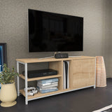 Comodă TV Neola, Diverse culori, 120x35x51 cm - Alb - Stejar | SKU: 322RTC2291 | Comodă TV Neola, 120x35x51 cm, varianta Alb - Stejar, produs pentru amenajarea locuinței, disponibil online în România la CasaMob