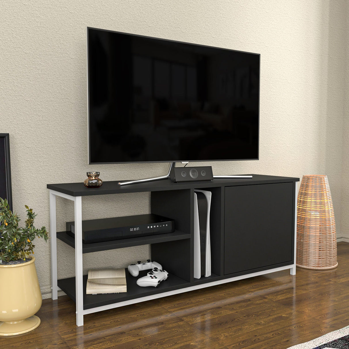 Comodă TV Neola, Diverse culori, 120x35x51 cm - Alb - Antracit | SKU: 322RTC2292 | Comodă TV Neola, 120x35x51 cm, varianta Alb - Antracit, produs pentru amenajarea locuinței, disponibil online în România la CasaMob