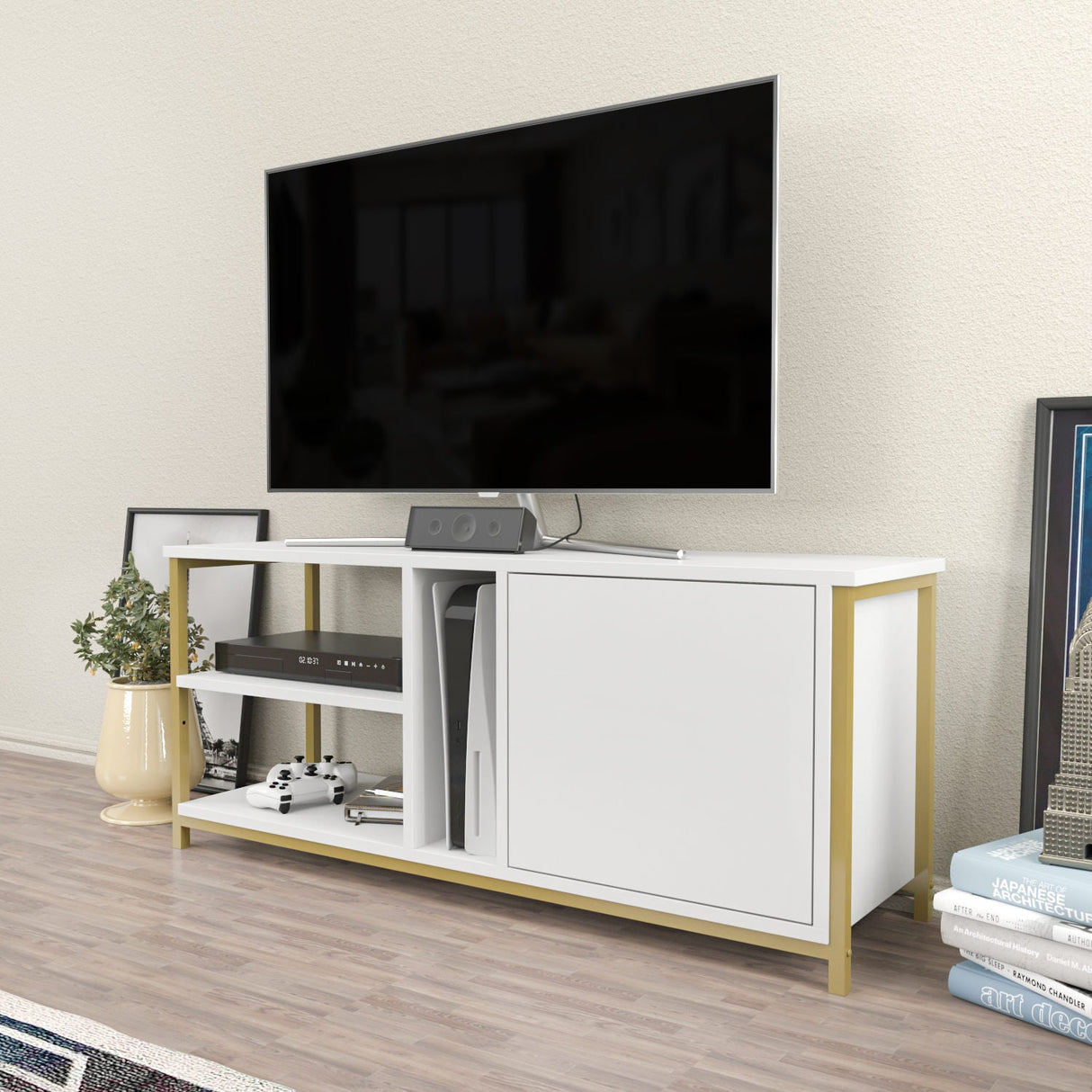 Comodă TV Neola, Diverse culori, 120x35x51 cm - Auriu - Alb | SKU: 322RTC2294 | Comodă TV Neola, 120x35x51 cm, varianta Auriu - Alb, produs pentru amenajarea locuinței, disponibil online în România la CasaMob