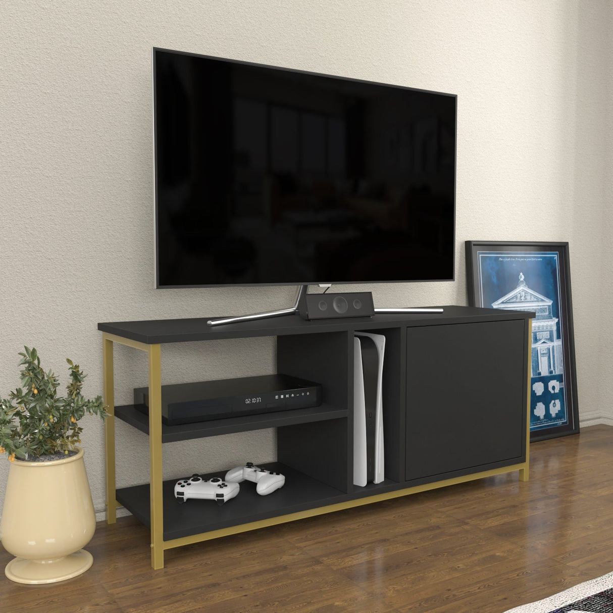 Comodă TV Neola, Diverse culori, 120x35x51 cm - Auriu - Antracit | SKU: 322RTC2296 | Comodă TV Neola, 120x35x51 cm, varianta Auriu - Antracit, produs pentru amenajarea locuinței, disponibil online în România la CasaMob