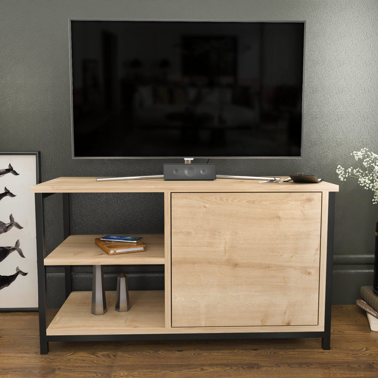 Comodă TV Muskegon, Diverse culori, 90x35x51 cm - Negru - Stejar | SKU: 322RTC2299 | Comodă TV Muskegon, 90x35x51 cm, varianta Negru - Stejar, produs pentru amenajarea locuinței, disponibil online în România la CasaMob