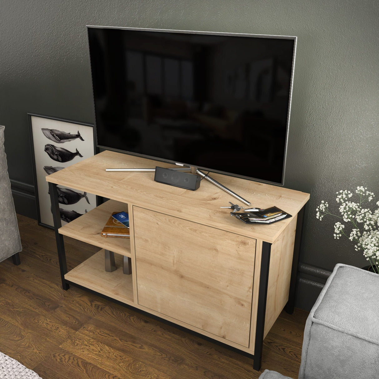 Comodă TV Muskegon, Diverse culori, 90x35x51 cm - Negru - Stejar | SKU: 322RTC2299 | Comodă TV Muskegon, 90x35x51 cm, varianta Negru - Stejar, produs pentru amenajarea locuinței, disponibil online în România la CasaMob