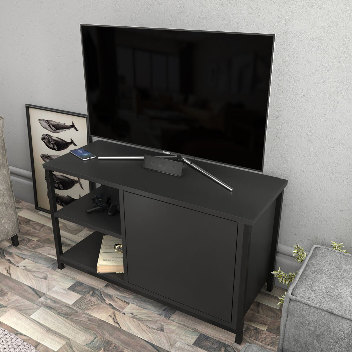 Comodă TV Muskegon, Diverse culori, 90x35x51 cm - Negru - Antracit | SKU: 322RTC2301 | Comodă TV Muskegon, 90x35x51 cm, varianta Negru - Antracit, produs pentru amenajarea locuinței, disponibil online în România la CasaMob