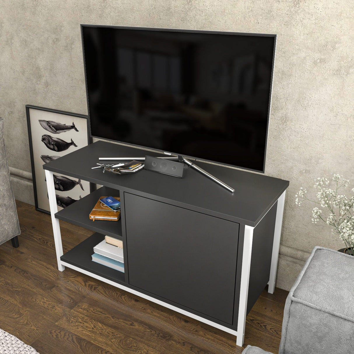 Comodă TV Muskegon, Diverse culori, 90x35x51 cm - Alb - Antracit | SKU: 322RTC2305 | Comodă TV Muskegon, 90x35x51 cm, varianta Alb - Antracit, produs pentru amenajarea locuinței, disponibil online în România la CasaMob
