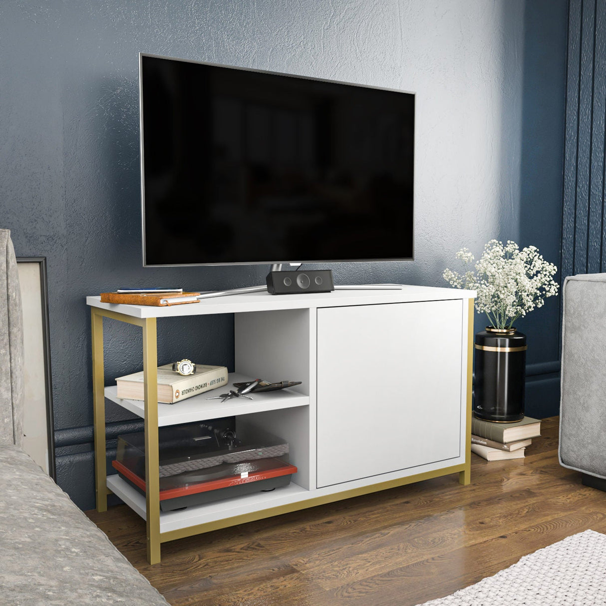 Comodă TV Muskegon, Diverse culori, 90x35x51 cm - Auriu - Alb | SKU: 322RTC2307 | Comodă TV Muskegon, 90x35x51 cm, varianta Auriu - Alb, produs pentru amenajarea locuinței, disponibil online în România la CasaMob