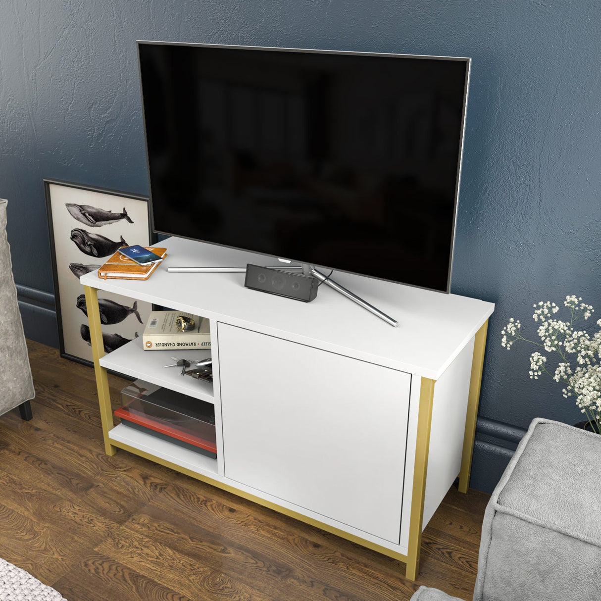Comodă TV Muskegon, Diverse culori, 90x35x51 cm - Auriu - Alb | SKU: 322RTC2307 | Comodă TV Muskegon, 90x35x51 cm, varianta Auriu - Alb, produs pentru amenajarea locuinței, disponibil online în România la CasaMob